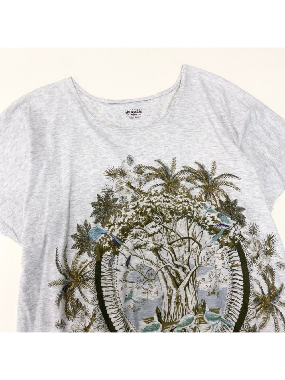 Hermes Print T-Shirt Crew Neck Top Botanical Pattern 36 Light Gray Cotton - Picture 4 of 8